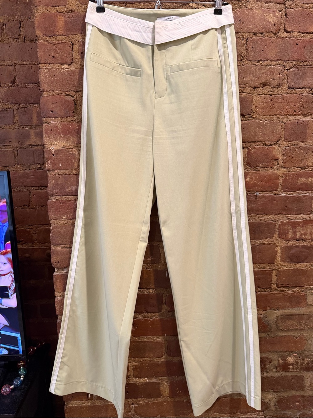 Wide-Leg Light Green Trousers with White Stripes